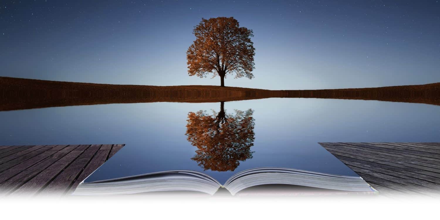 An open book on a wooden dock faces a calm lake at dusk, reflecting a solitary tree and a starry sky, creating a peaceful, dreamlike scene.