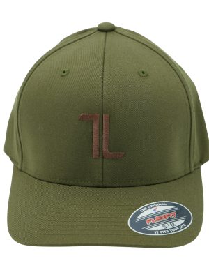 The Original Ball Cap - Olive Green features the T∙LIV crest embroidered in brown on tall, structured panels with a classic button top and brim sticker reading "FLEXFIT.