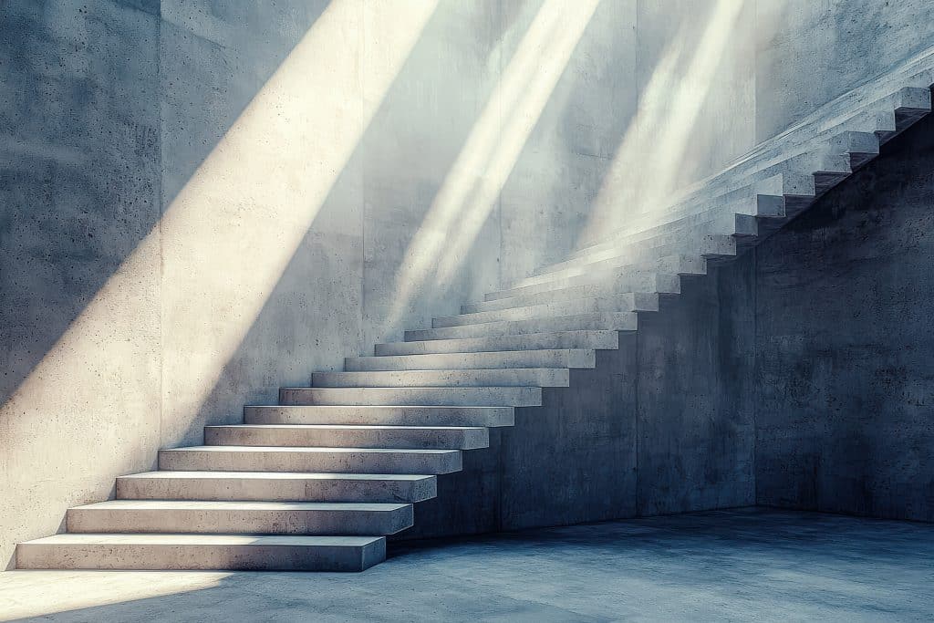 A modern concrete staircase ascends at an angle against tall concrete walls, illuminated by beams of sunlight streaming through an unseen opening above. The space appears minimal and architectural.