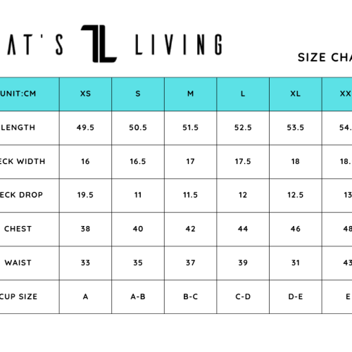 The LuxeForm Tank - Black women's size chart from That's Living shows XS-XXL sizes with length, neck width/drop, chest, waist (cm), and cup sizes A-E in a blue and white grid.