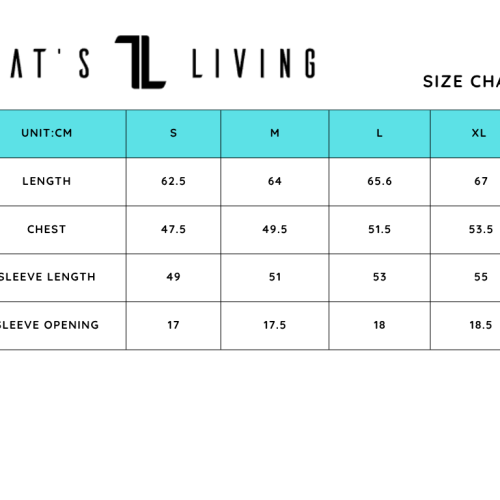 VeloraFlow Tee - Whisper Blue size chart includes S, M, L, and XL measurements (cm) for length, chest, sleeve length, and sleeve opening in a clear table format.