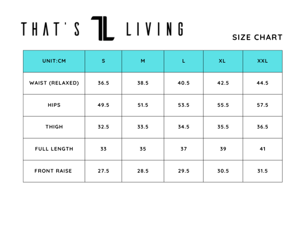 A size chart for HYDRX Swim Shorts - Black in centimeters, listing S, M, L, XL, and XXL measurements for waist, hips, thigh, full length, and front raise.