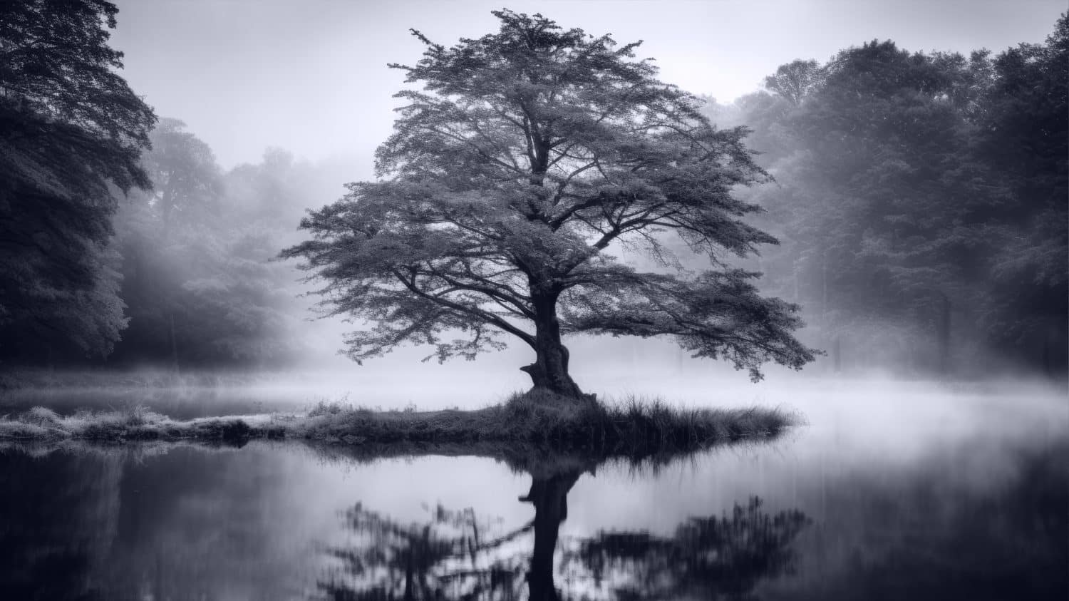 A solitary tree stands on a small grassy island in a calm lake, surrounded by mist and dense forest—reminding us how small wins lead to big success, as each peaceful reflection contributes to the scene’s serene beauty.