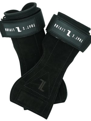 A pair of black IronHide Lifting Straps with adjustable Velcro closures and "TAYL.S LIVING" branding on top, designed to support your wrists during lifting.