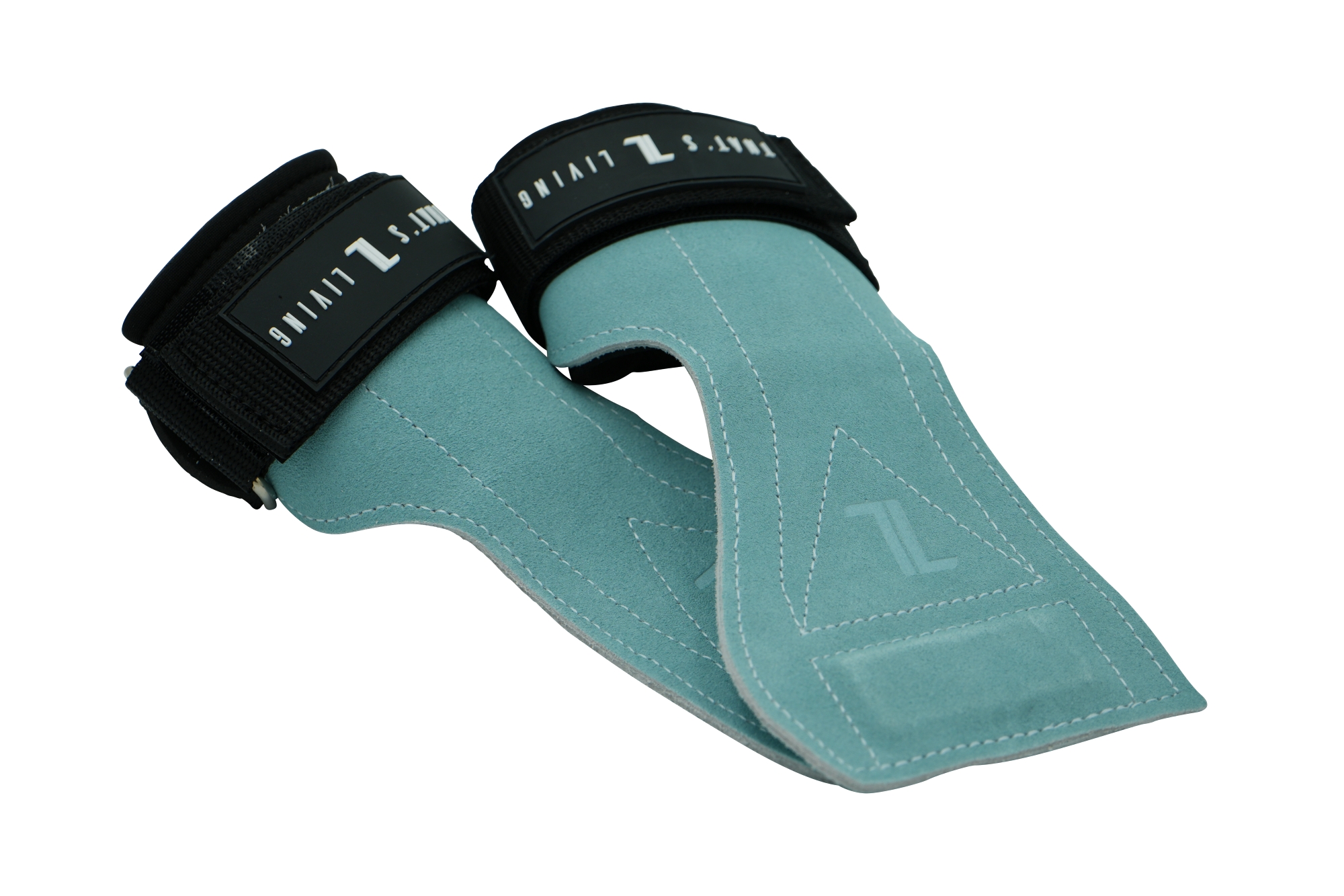 The IronHide Lifting Straps are teal suede lifting grips with black straps, white stitching, and feature white text branding. Designed to protect your hands during weightlifting.