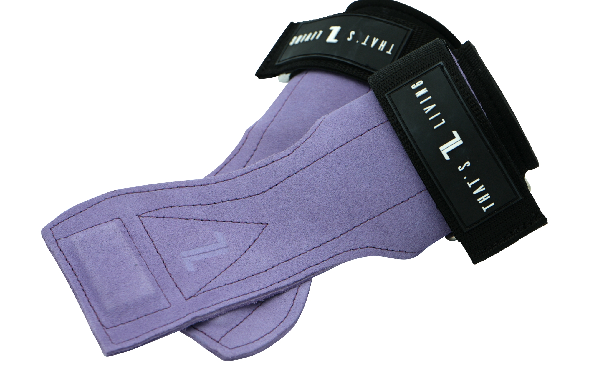 The IronHide Lifting Straps are purple suede with black wrist bands, featuring "THAT’S LIVING" and "Z" in white text on the black section.