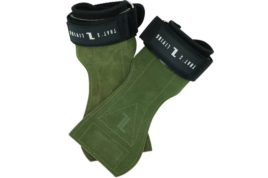 A pair of green suede IronHide Lifting Straps with black adjustable wrist straps and white "TAYL S LIFTING" branding. The overlapping grips display their stitching and logo.