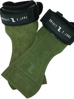 A pair of green suede IronHide Lifting Straps with black adjustable wrist straps and white "TAYL S LIFTING" branding. The overlapping grips display their stitching and logo.