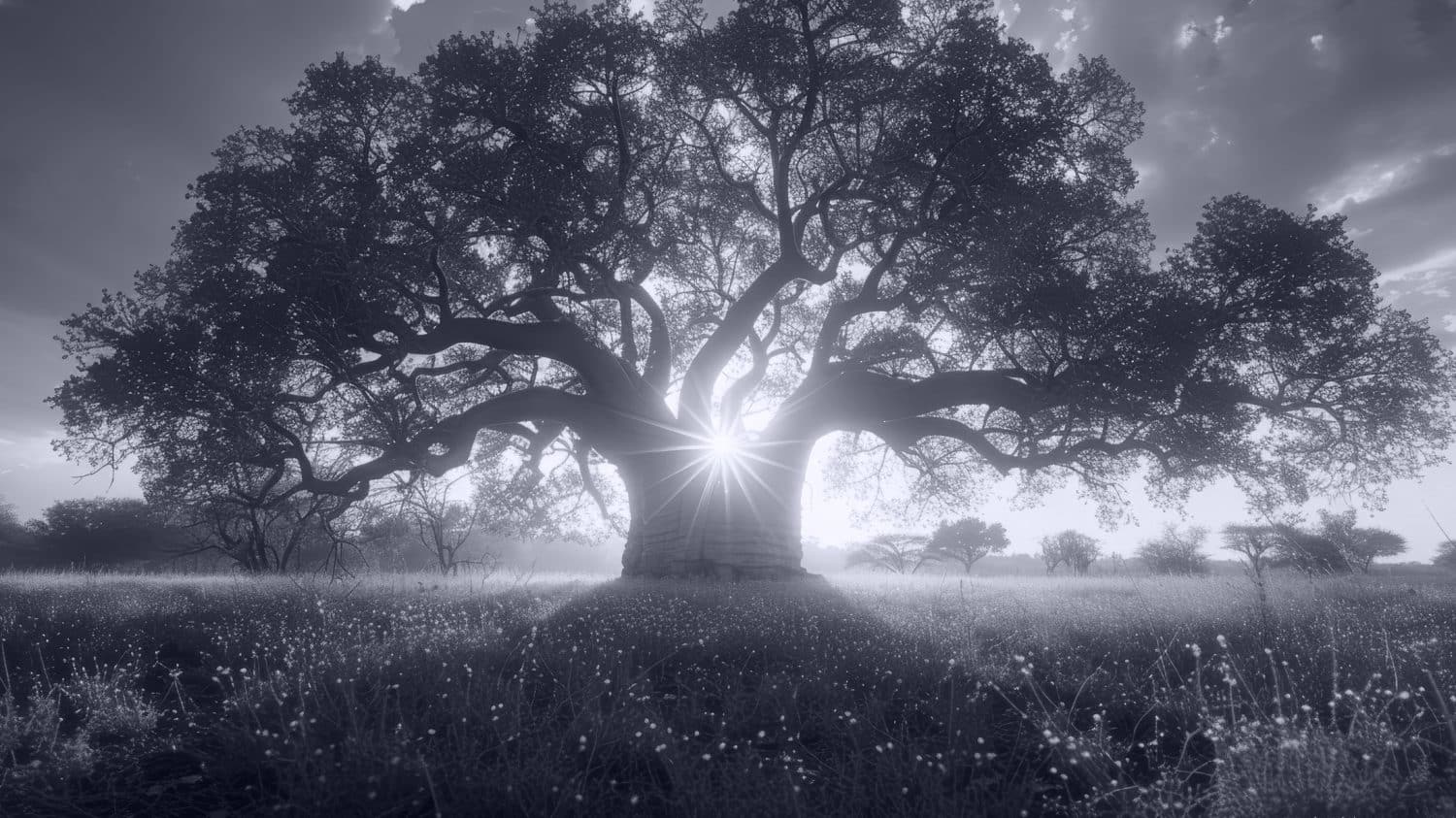 A large, ancient tree stands in a sunlit field at sunrise, its silhouette reminding us how small wins lead to big success—like each drop of dew on the grass building toward a radiant morning.
