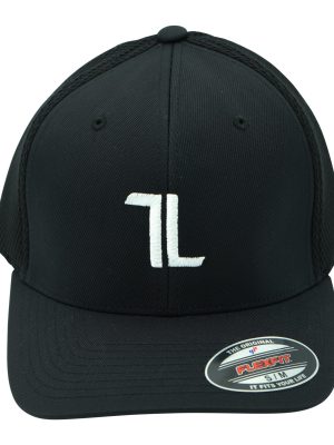 Black baseball cap with a white embroidered "TL" logo on the front and a Flexfit sticker on the brim, shown against a white background.