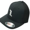 The Mesh Ball Cap features a black mesh design with a curved bill, white "L" logo on the front, Flexfit sticker on the brim, and mesh panels on the sides and back.