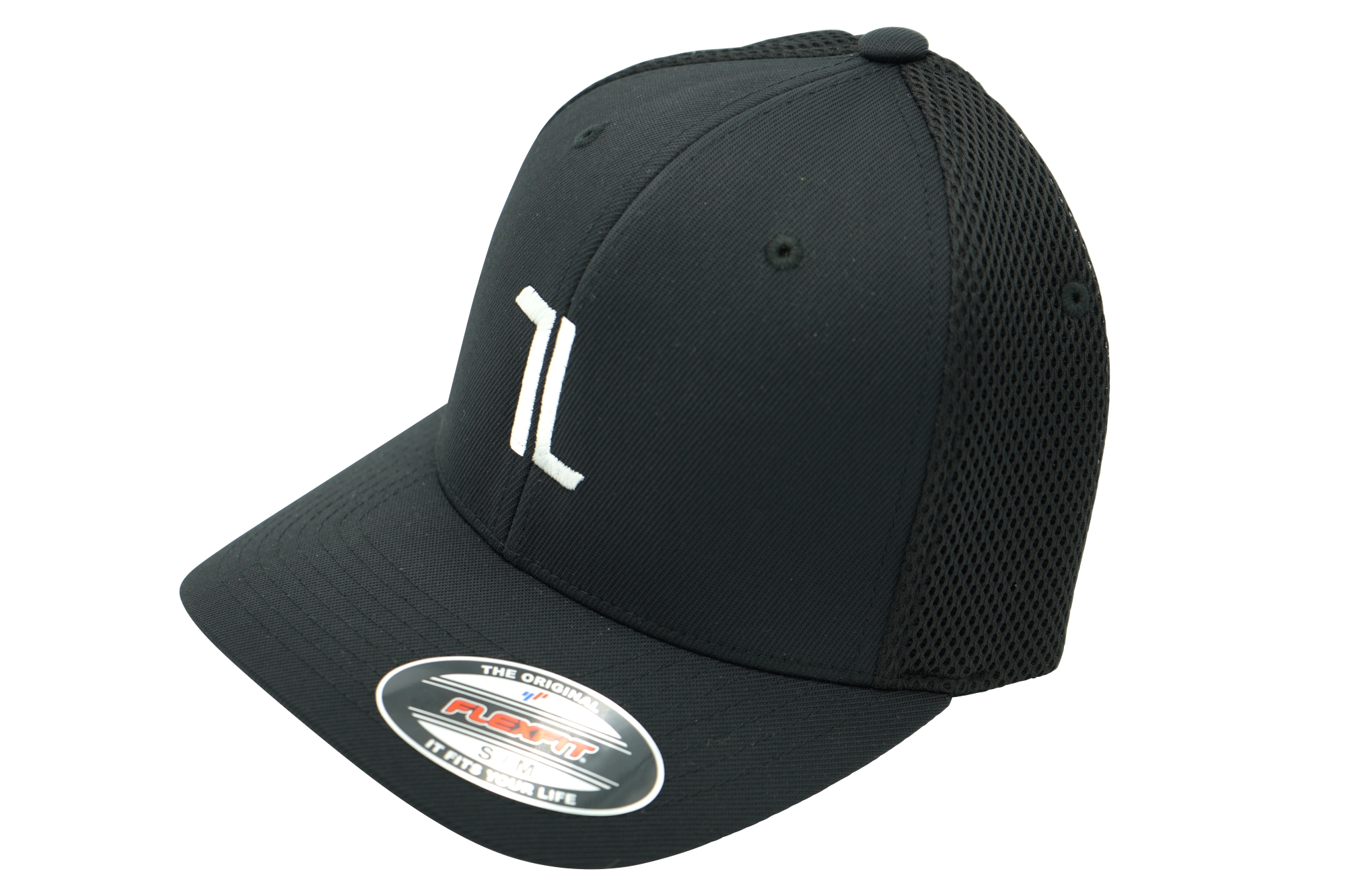 The Mesh Ball Cap features a black mesh design with a curved bill, white "L" logo on the front, Flexfit sticker on the brim, and mesh panels on the sides and back.