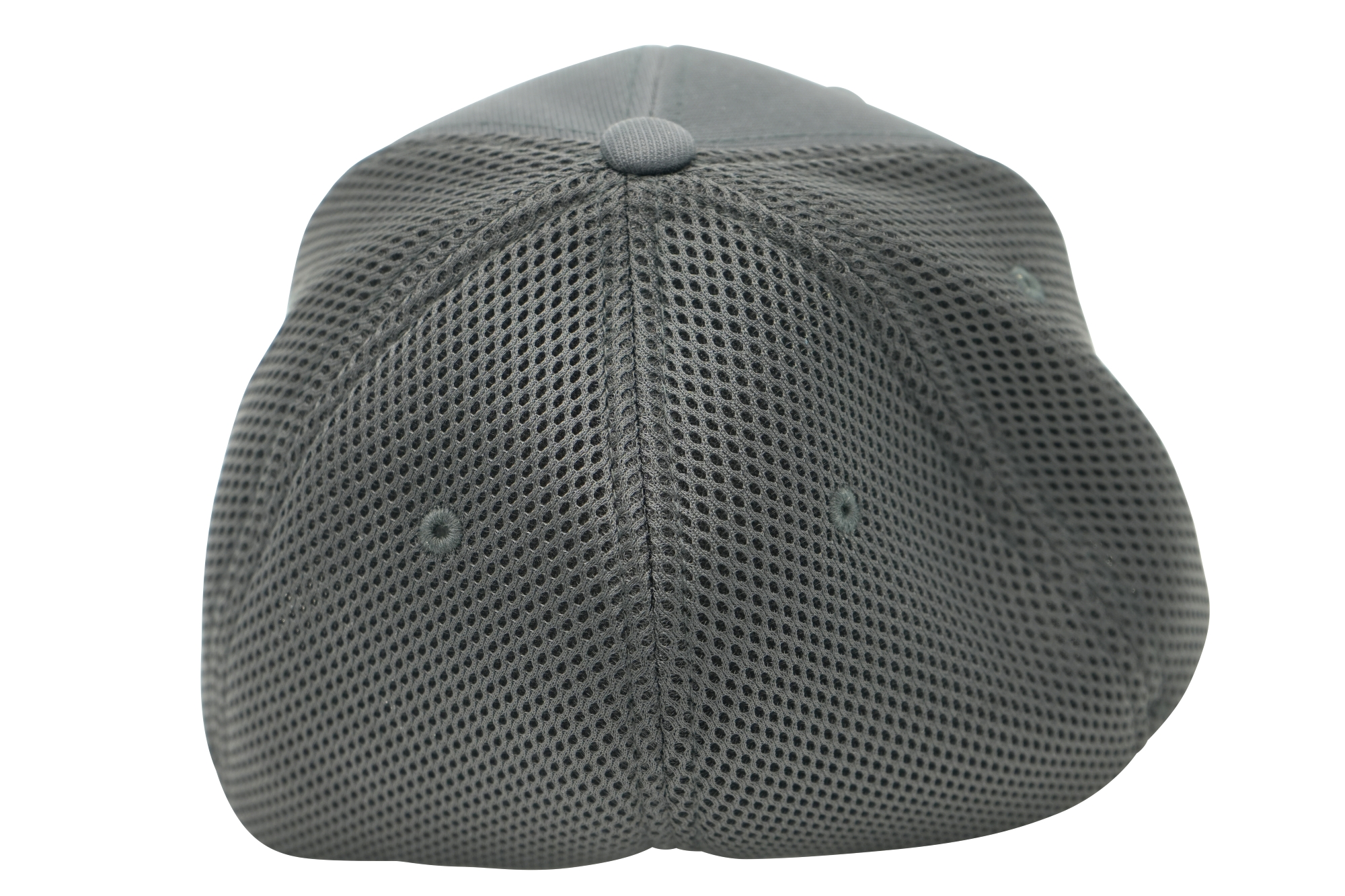 A close-up of the back of the Mesh Ball Cap in dark gray, highlighting its seam lines, ventilation holes, and textured mesh fabric against a white background.
