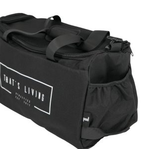 A black duffel bag with handles and a front pocket, featuring the text "THAT'S LIVING" in white on the side. The bag also has a side pouch and a zipper closure on top.