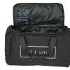 The TRIARC Duffle Bag is black with its top unzipped, revealing the interior. The lid displays the quote "Everyone is alive, but not everyone is living." The front pocket features partial white text.
