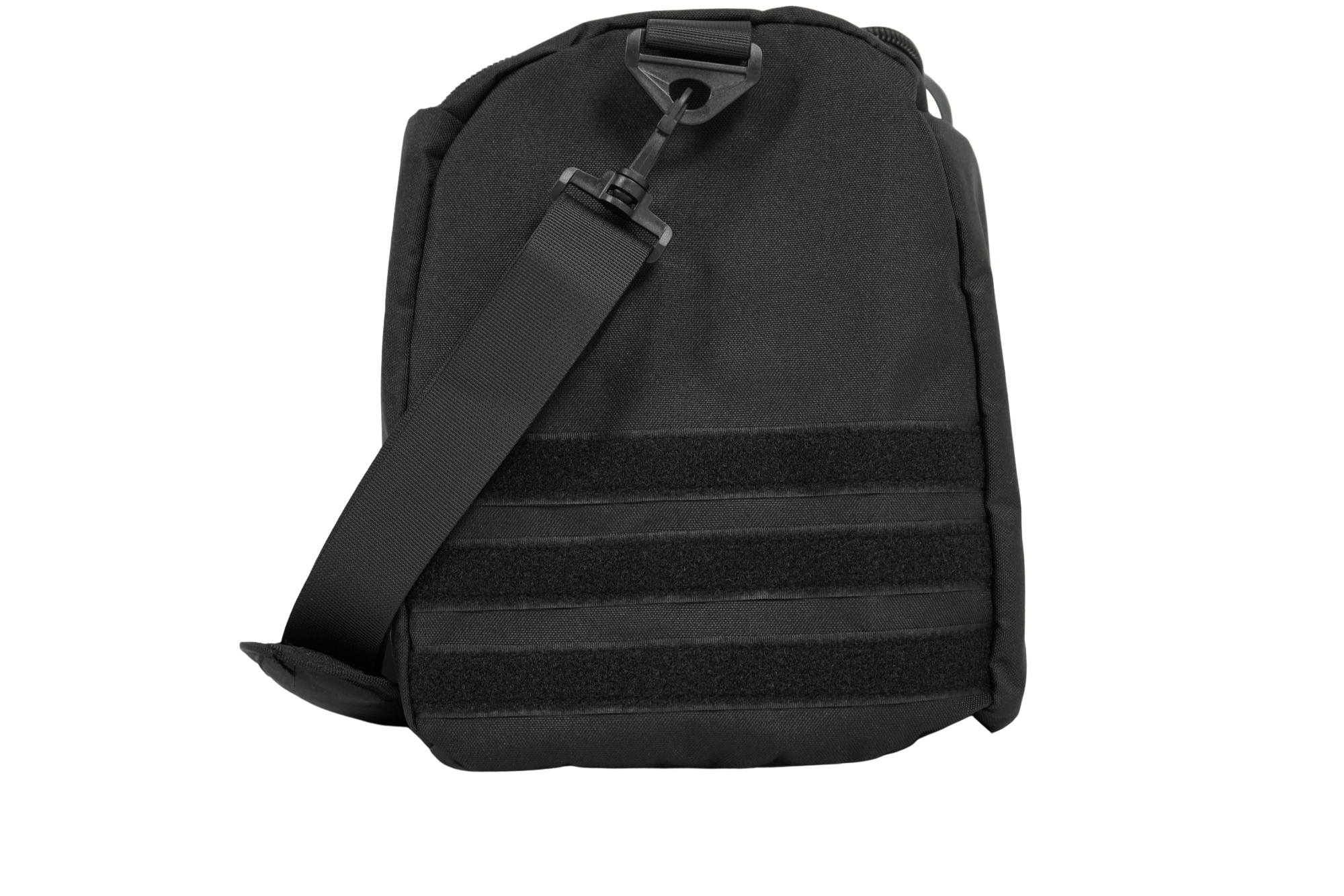 The TRIARC Duffle Bag is a black tactical shoulder bag with an adjustable strap, three horizontal Velcro strips on the front, and a top buckle clip.
