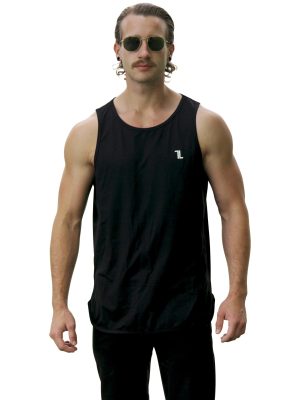 A man with long hair, wearing sunglasses and a black sleeveless tank top with a small white logo on the chest, stands facing forward against a white background.