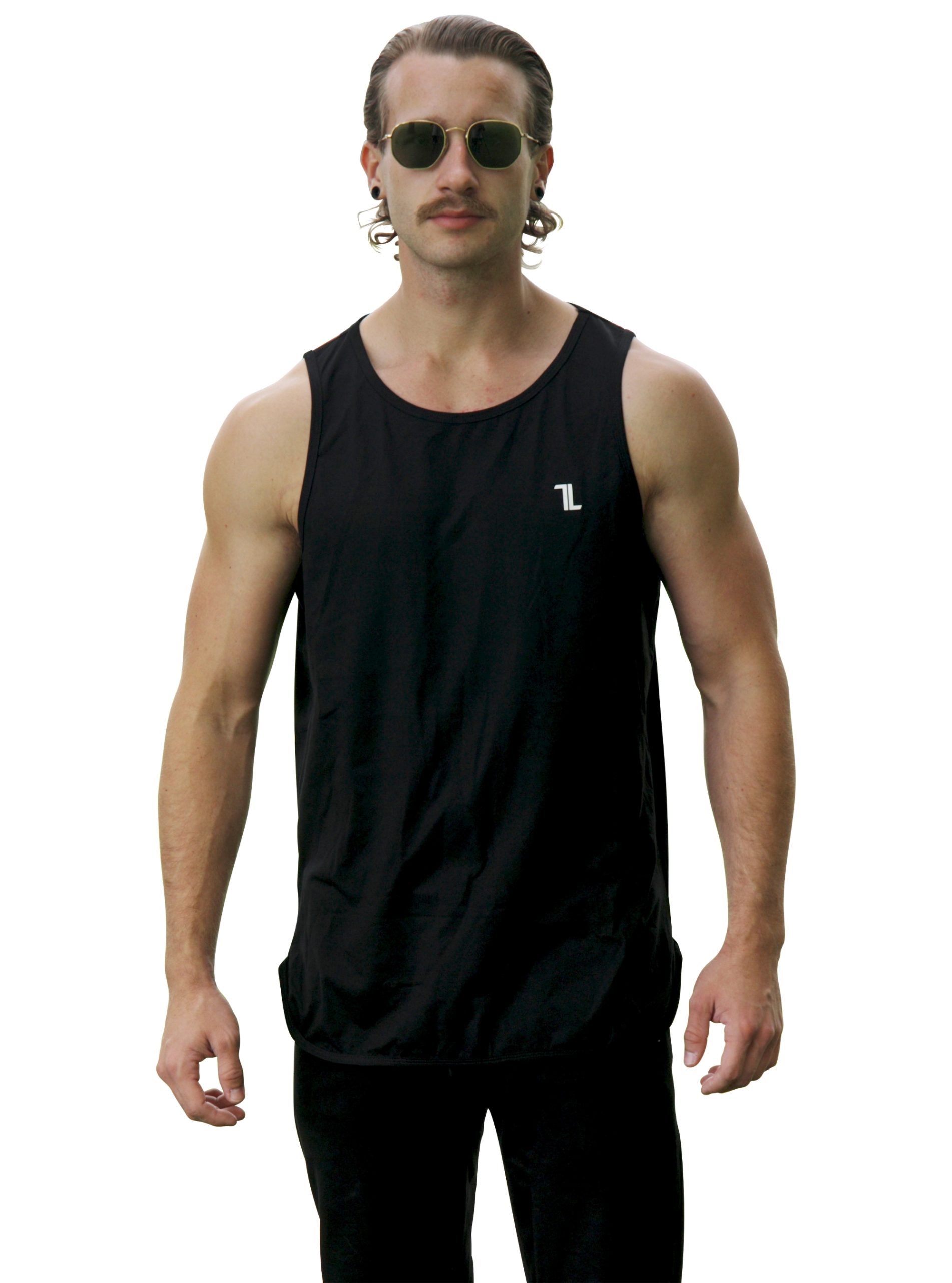 A man with long hair, wearing sunglasses and a black sleeveless tank top with a small white logo on the chest, stands facing forward against a white background.