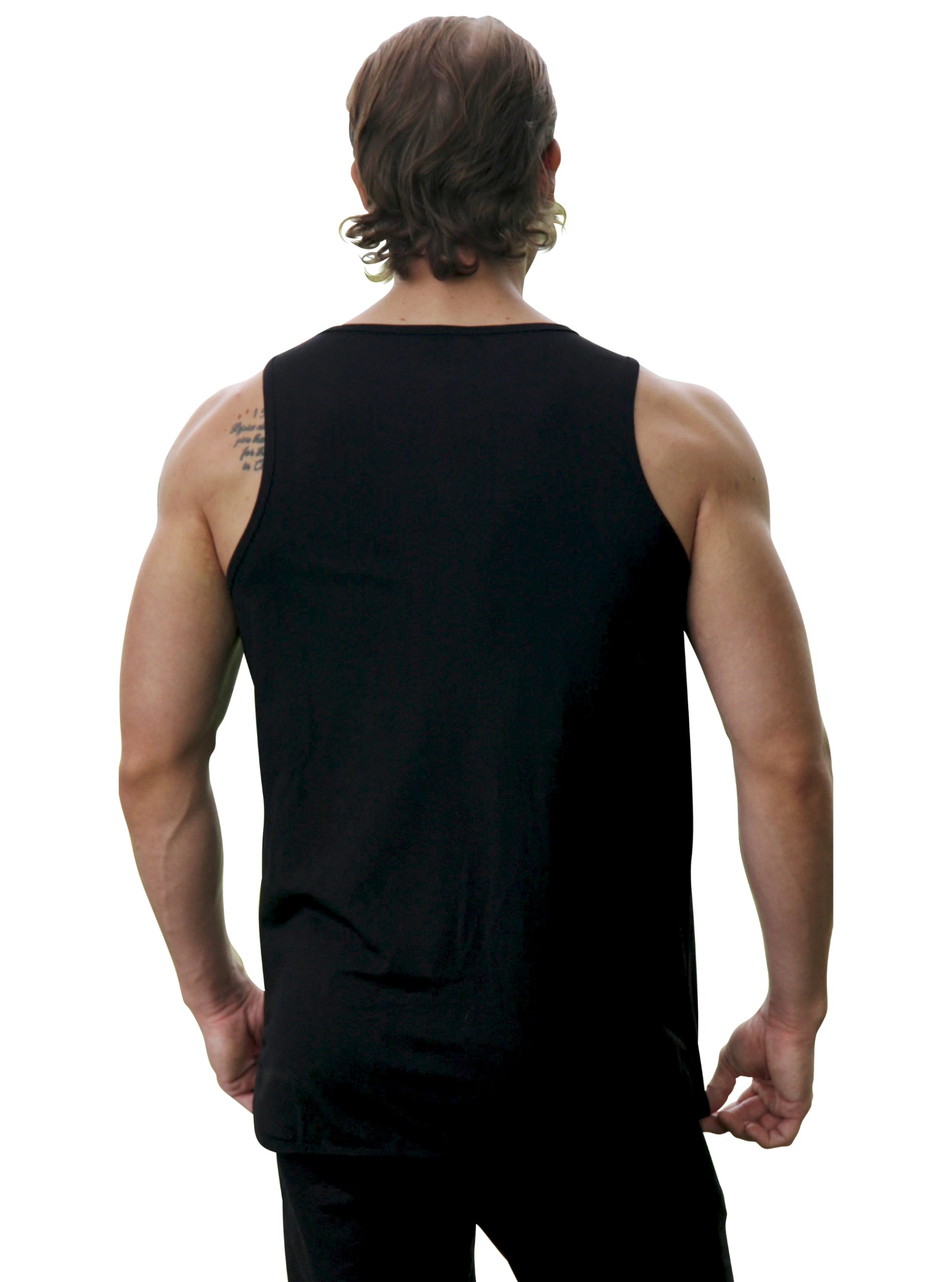 A man with light brown hair, viewed from behind, is wearing the Genesis Tank V2 in black and black pants. He has a tattoo on his upper left shoulder, and the background is plain white.