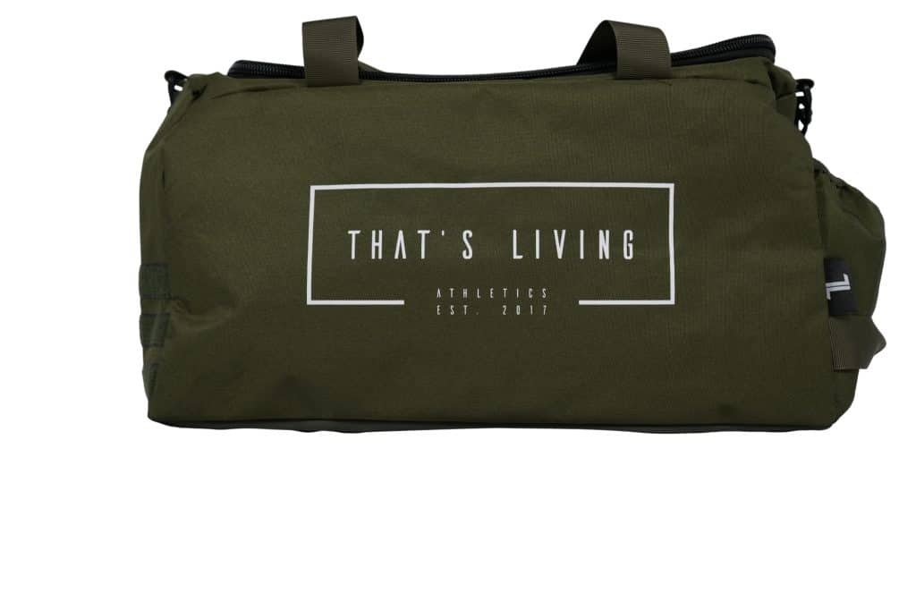 The TRIARC Duffle Bag is olive green with black handles and zipper, featuring "THAT'S LIVING ATHLETICS EST. 2017" in white text on the front.