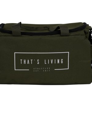 A green duffel bag with black handles and a white rectangular logo on the front that reads, "THAT'S LIVING ATHLEISURE EST. 2021," against a white background.