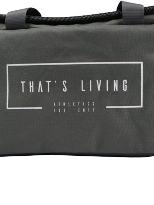 A dark gray duffel bag with black handles. The front features white text that reads "THAT'S LIVING ATHLETICS EST. 2017" inside a rectangular outline.