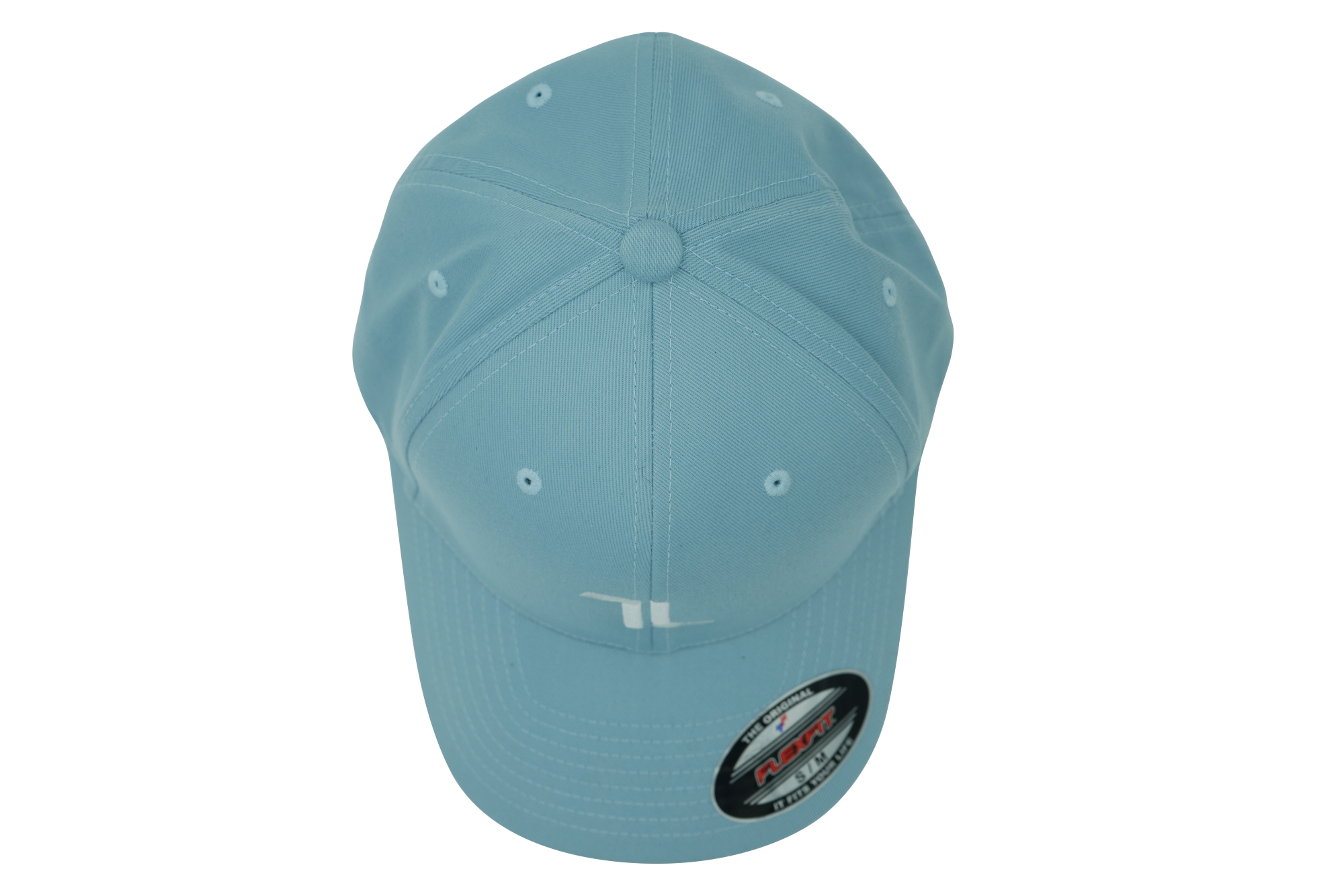 The Original Ball Cap in light blue, viewed from above, features a small white logo on the front and a circular sticker on the brim.