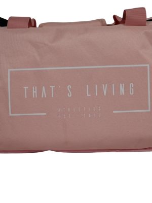 A pink duffel bag with the text "THAT'S LIVING ATHLETICS EST 2017" printed in white on the front. The bag has handles and a zipper.